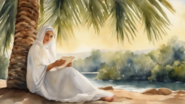 Deborah reading under a palm tree