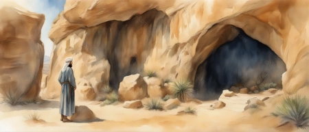 Man in front of ancient cave