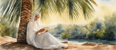Deborah reading under a palm tree
