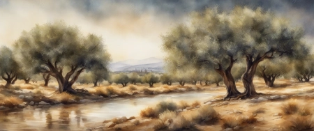 Olive trees next to a quiet stream